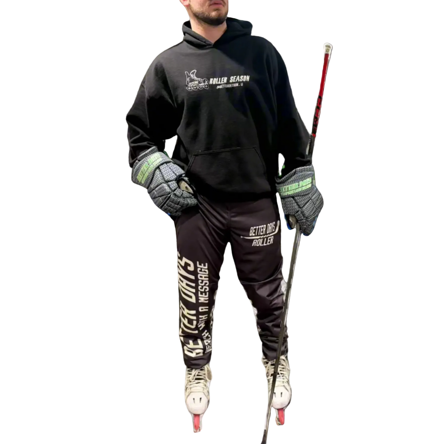 Al Demauro Better Days neutral inline hockey pants with padded design for roller hockey players, shown in a close-up view.