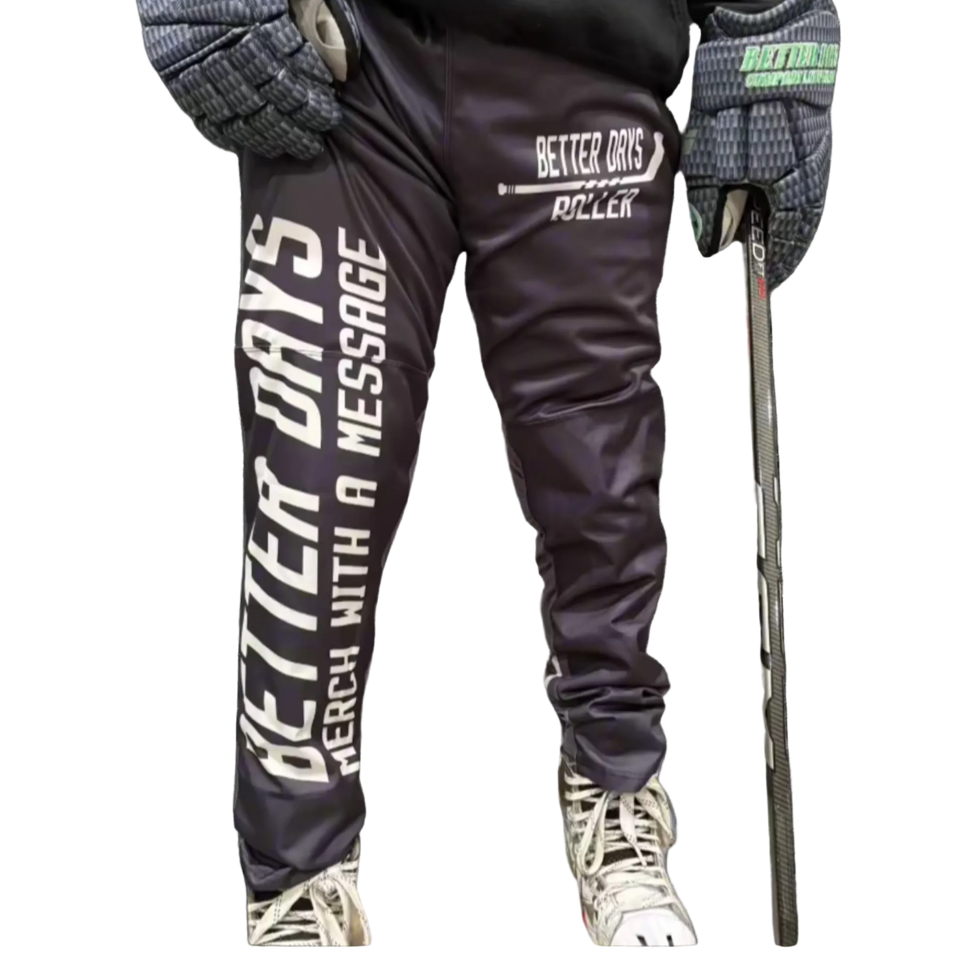 Al Demauro Better Days neutral inline hockey pants with padding, adjustable straps, and reinforced design for roller hockey performance.