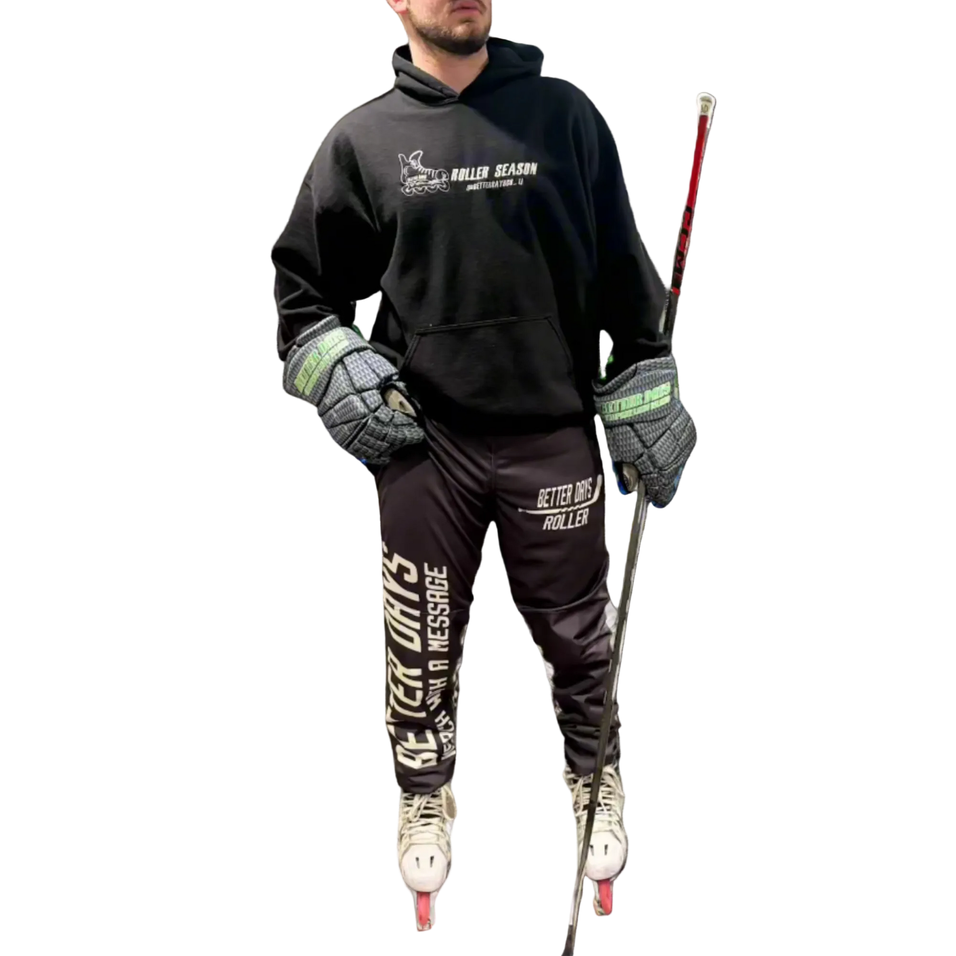 Al Demauro Better Days neutral inline hockey pants with padded design for roller hockey players, shown in a close-up view.