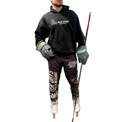 Al Demauro Better Days neutral inline hockey pants with padded design for roller hockey players, shown in a close-up view.