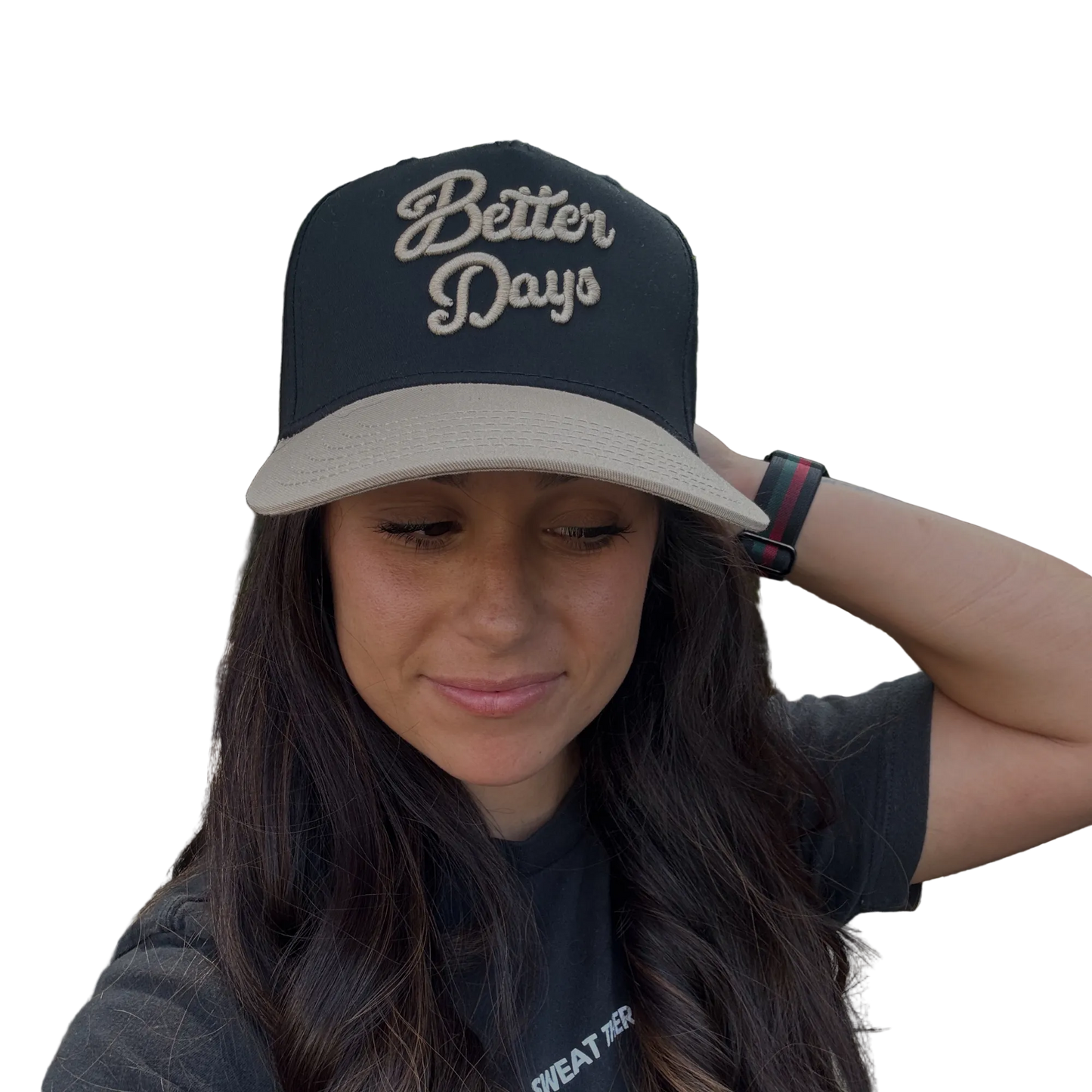 Better Days Company Long Island Gold Standard Hat with a stylish design and adjustable strap, shown in a close-up view.