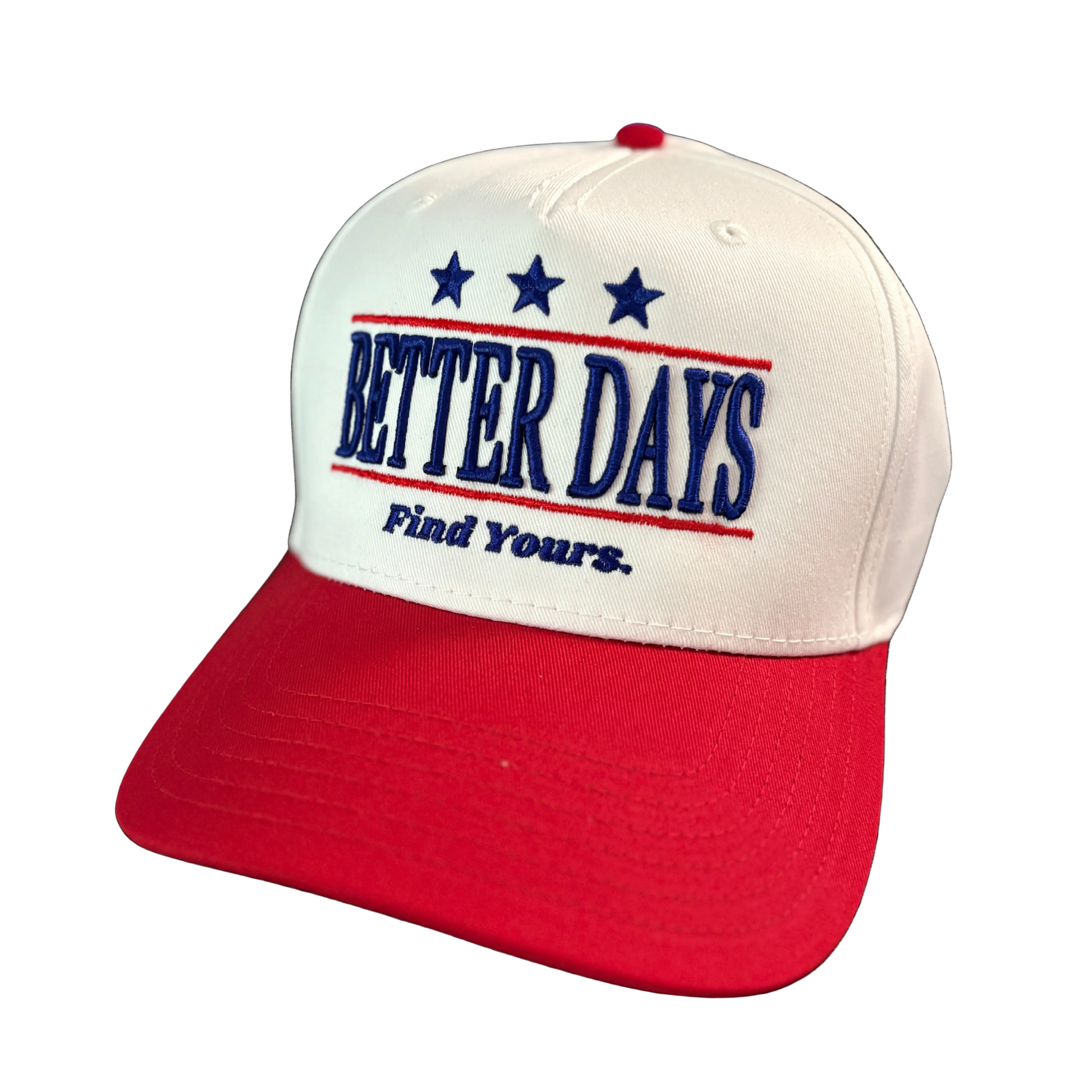 Better Days Company Find Yours hat with embroidered message, stylish casual hat with adjustable strap and classic design.