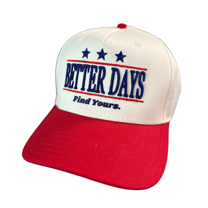 Better Days Company Find Yours hat with embroidered message, stylish casual hat with adjustable strap and classic design.