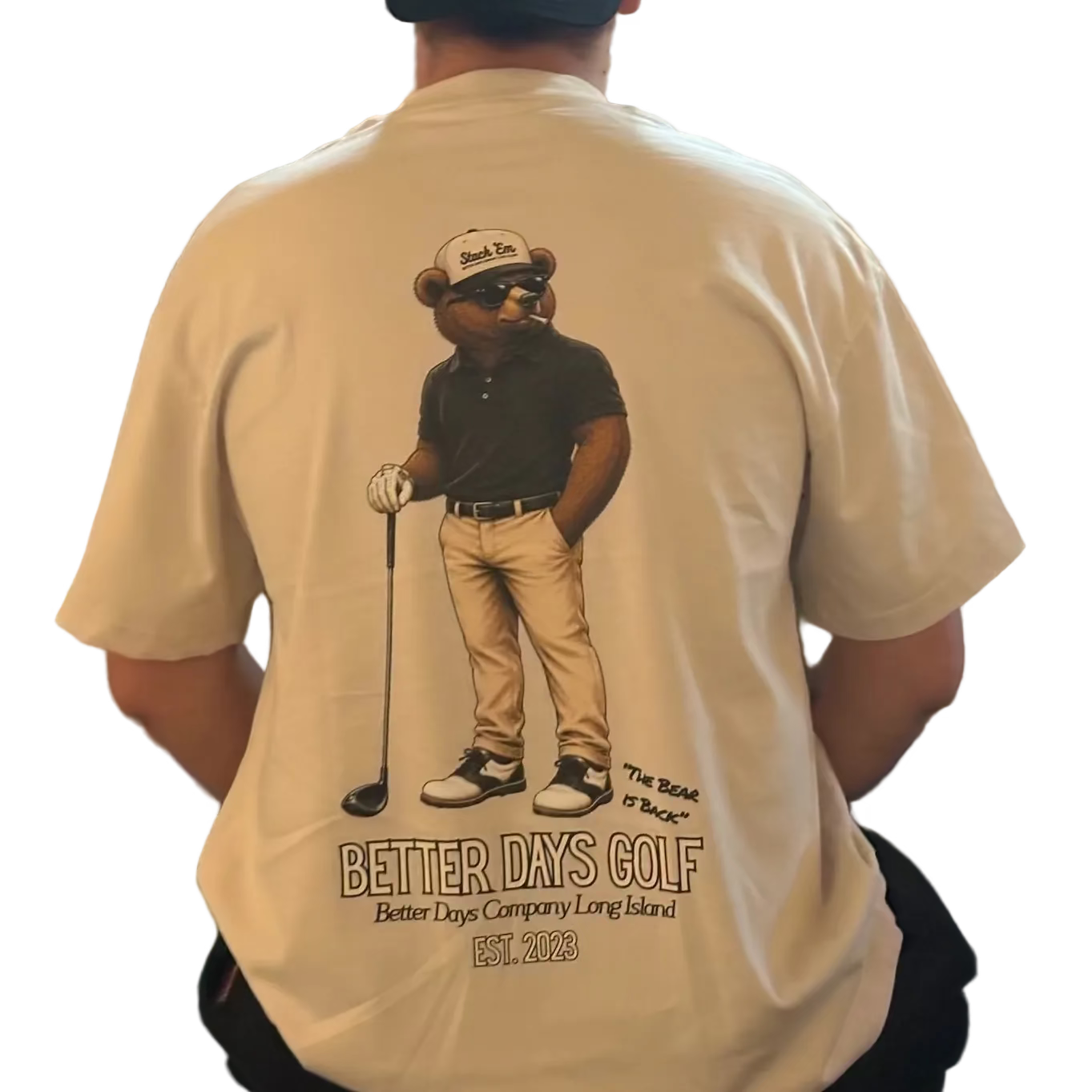 Better Days Golf "Bear is Back" T-shirt by ODMPOD featuring a graphic bear design on a comfortable casual shirt.
