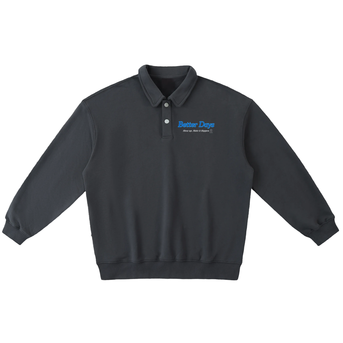 ODMPOD Show Up Heavyweight Polo Sweatshirt in navy, front view showing ribbed collar and embroidered logo on chest.