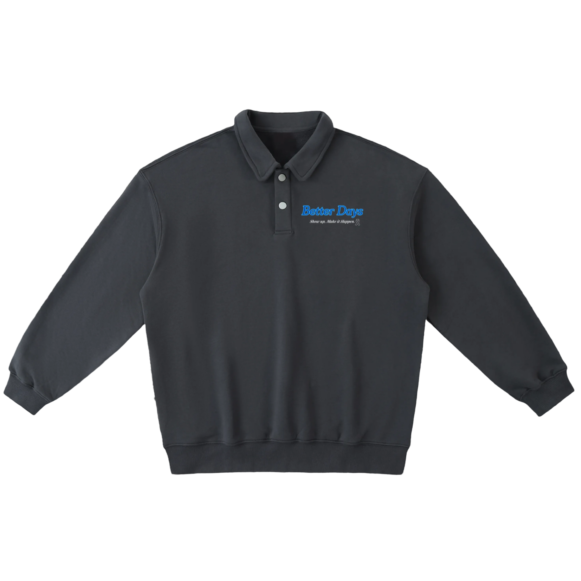 ODMPOD Show Up Heavyweight Polo Sweatshirt in navy, front view showing ribbed collar and embroidered logo on chest.