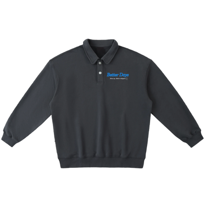 ODMPOD Show Up Heavyweight Polo Sweatshirt in navy, front view showing ribbed collar and embroidered logo on chest.
