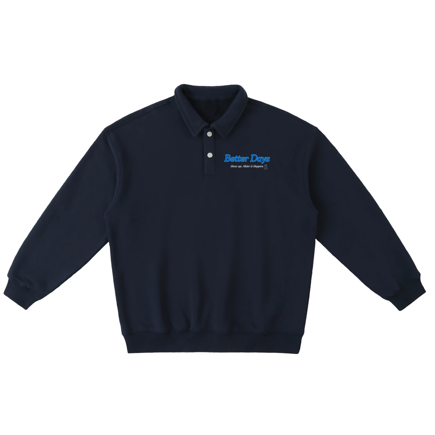 ODMPOD Show Up Heavyweight Polo Sweatshirt in navy, featuring a classic polo collar, long sleeves, and embroidered logo detail.