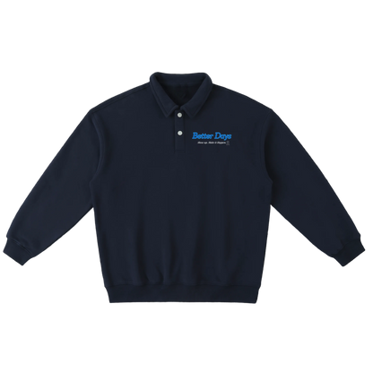 ODMPOD Show Up Heavyweight Polo Sweatshirt in navy, featuring a classic polo collar, long sleeves, and embroidered logo detail.