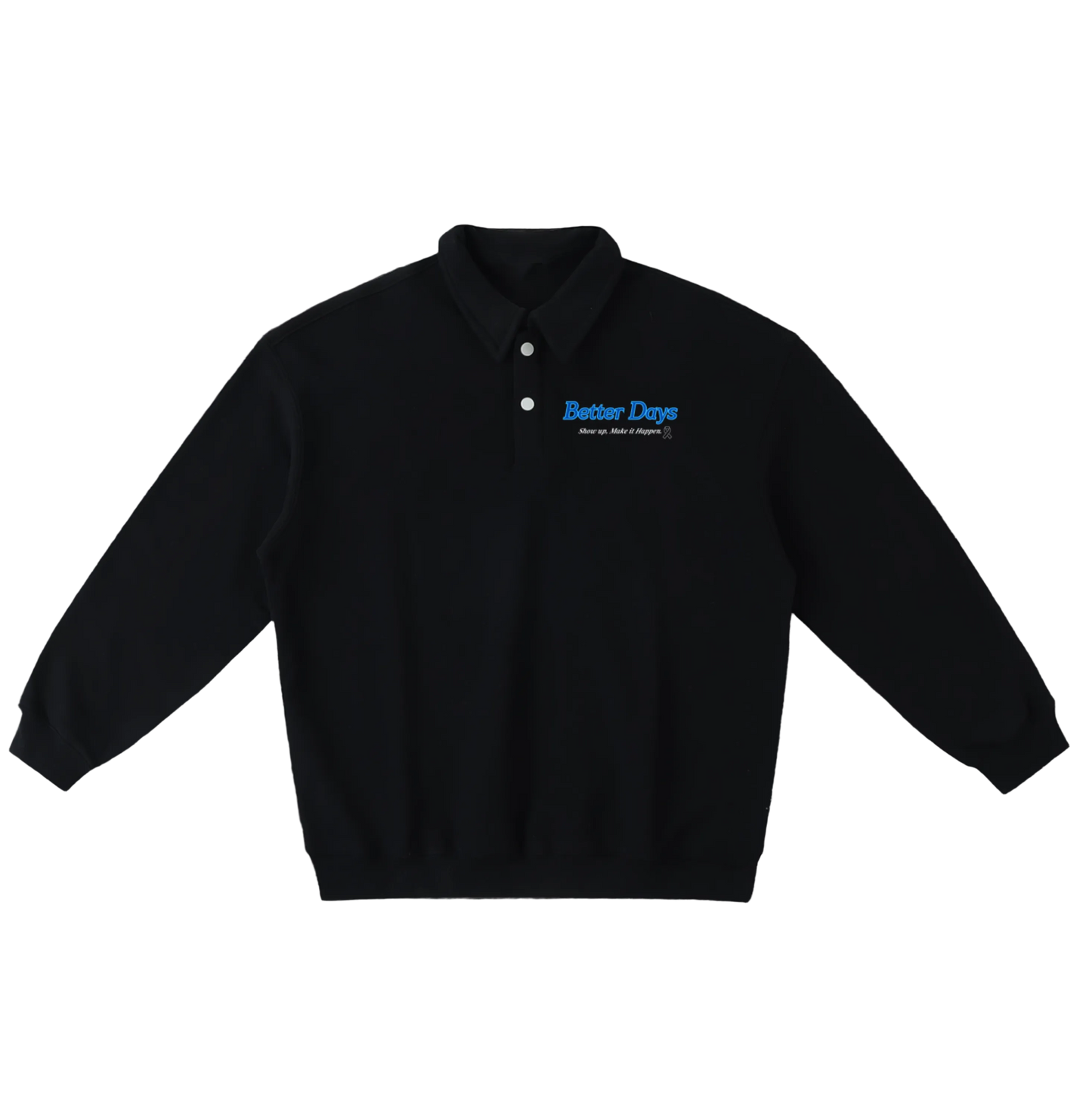 ODMPOD Show Up Heavyweight Polo Sweatshirt in navy, featuring a classic polo collar and logo embroidery on the chest.