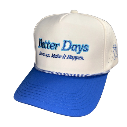 Better Days Company Long Island rope hat featuring a stylish brim and adjustable strap, perfect for casual outdoor wear.