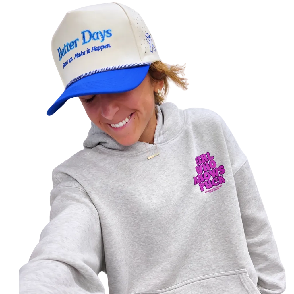 Girl wearing ODMPOD Puck Hoodie with graphic design, casual style, and comfortable fit, front view showing hoodie details.