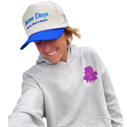 Girl wearing ODMPOD Puck Hoodie with graphic design, casual style, and comfortable fit, front view showing hoodie details.